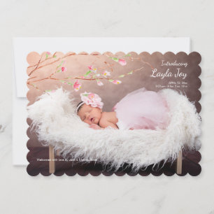 Faire-part de naissance rose de photo de branche