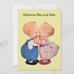 Faire-part de naissance vintage garçon fille jumea