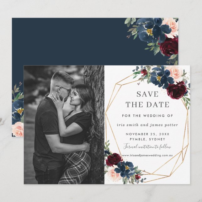 Faire-part de photo de mariage Burgundy Navy Blush (Devant / Derrière)