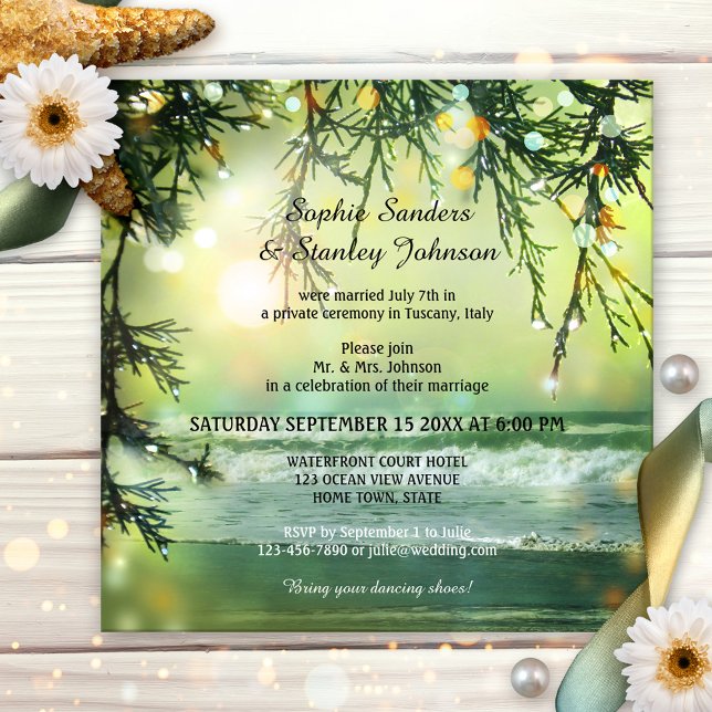 Faire-part de plage scintillante ou après le maria (Wedding reception only invitation featuring a painting of an ocean with sparkling bokeh lights)