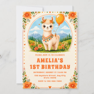 Faire-part de premier anniversaire d'alpaga floral