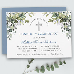 Faire-part de première communion en bleu poussiére