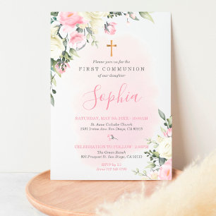 Faire-part de première communion rose pour fille