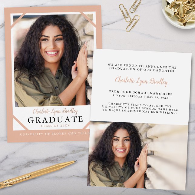 Faire-part de remise de diplôme à motif feuille d' (Elegant modern minimalist peach and rose gold foil graduation announcement with 2 photos)