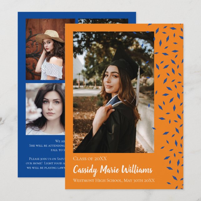 Faire-part de remise de diplôme Blue Orange Confet (Devant / Derrière)