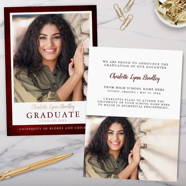 Faire-part de remise de diplôme moderne élégant av (Modern burgandy elegant red and gold foil graduation announcement for college high school graduation)