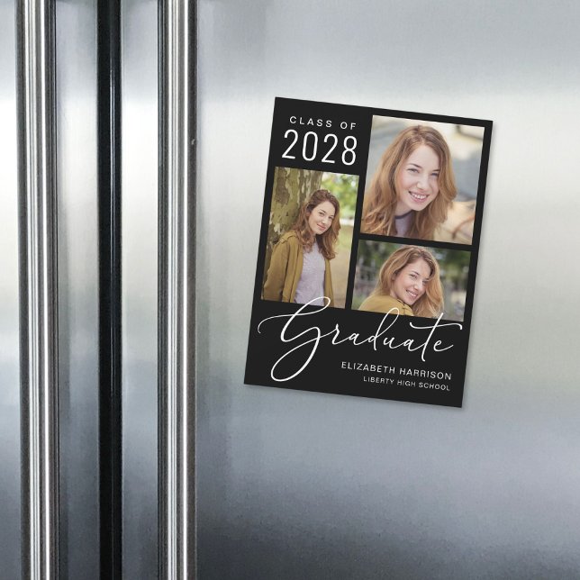 Faire-part de remise de diplôme noir photo élégant (An elegant magnetic photo collage graduation announcement to celebrate the graduate's achievements)