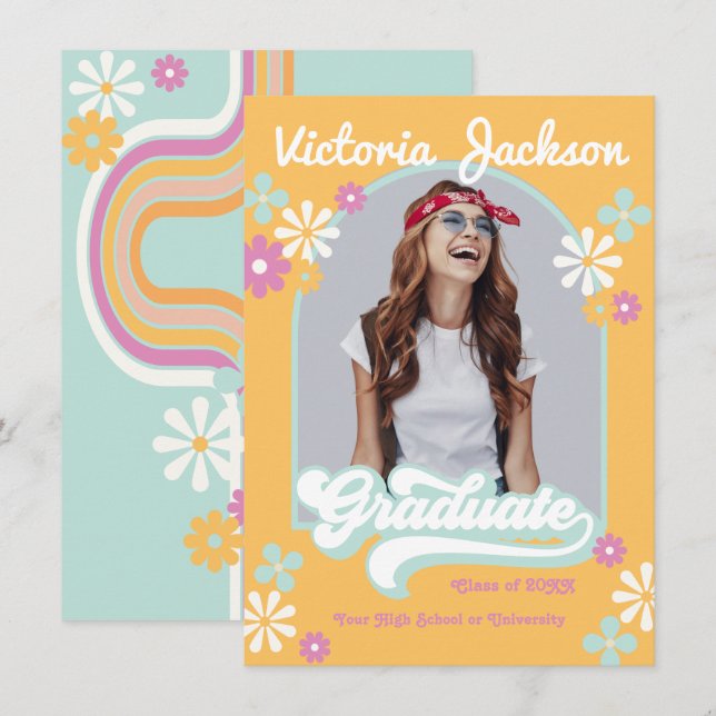 Faire-part de remise de diplôme rétro hippie (Devant / Derrière)