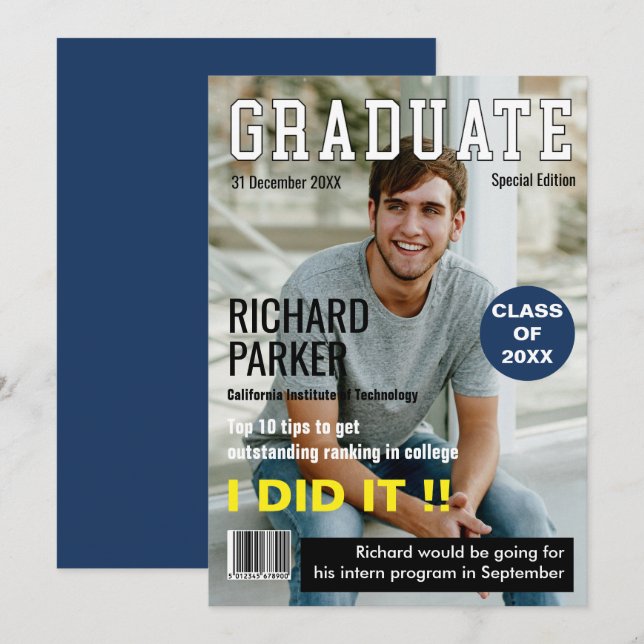 Faire-part de remise de diplômes de style magazine (Devant / Derrière)