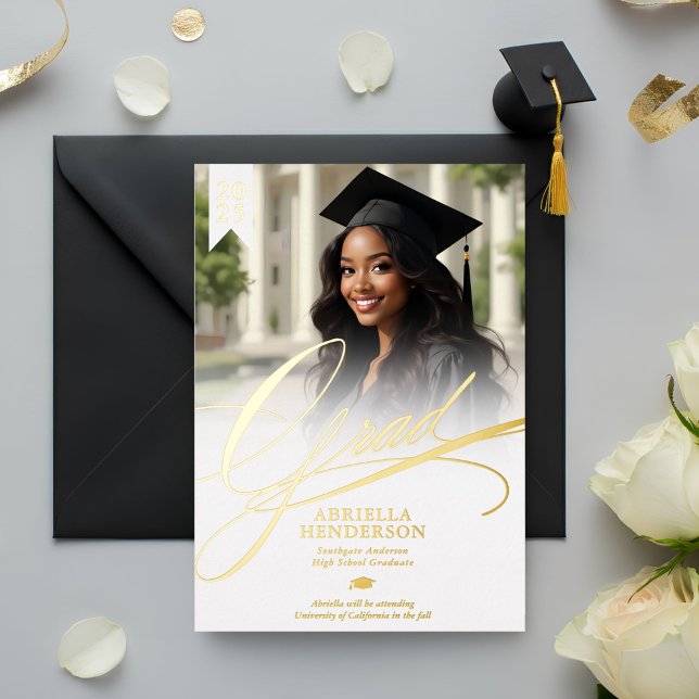 Faire-part de remise de diplômes en écriture éléga (Elegant Foil Graduation Announcement with Photo)