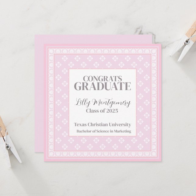 Faire-part de remise de diplômes rose carré (Devant/Arrière en situation)