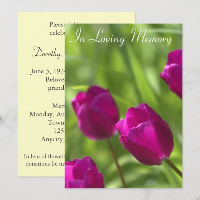 Faire-part de service commémoratif des tulipes ros (Devant / Derrière)