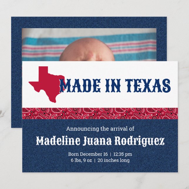 Faire-part Dénim bleu et Bandana rouge Imprimer Texas Baby (Devant / Derrière)