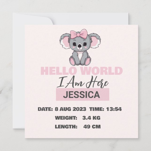 Faire-part Détails du bébé né Pink Koala (Devant)