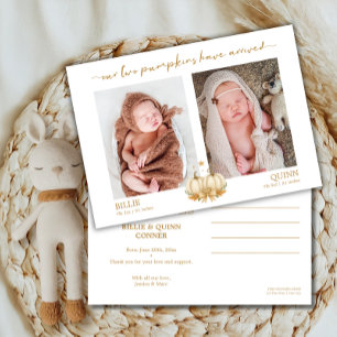 Faire-part Deux Petits Citrouilles Annonce Photo de Bébé Jume