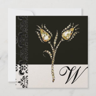 Faire-part DIAMOND TULIPS, noir et or Damask Monogramme