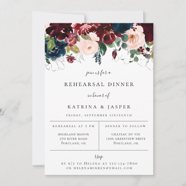Faire-part Dîner de répétition de mariage floral bordeaux ros (Devant)