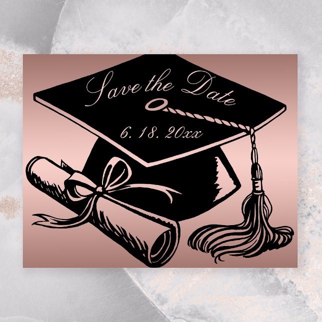 Faire-part Diplôme de Casquette d'or Rose de diplôme Enregist (Rose Gold Graduation Save the Date with a Black Grad Cap)