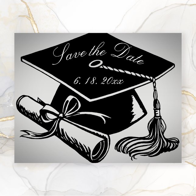 Faire-part Diplôme de Casquette noir Argent Enregistrer la da (Graduation SAve the Date Silver with Black graduation cap and diploma)