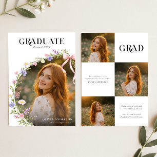 Faire-part Diplôme de fin d'études avec photo et nœud rose fl