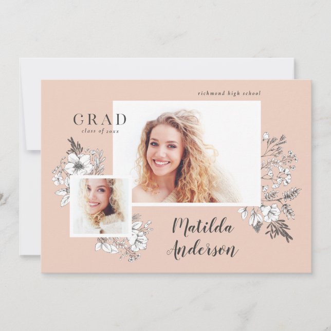 Faire-part Diplômé floral illustré à la main (Devant)