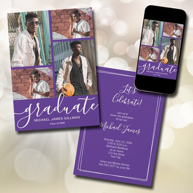 Faire-part Diplôme Multi Photo (Modern script 4 photo purple graduation announcements - PRINTED and/or INSTANT DOWNLOAD)
