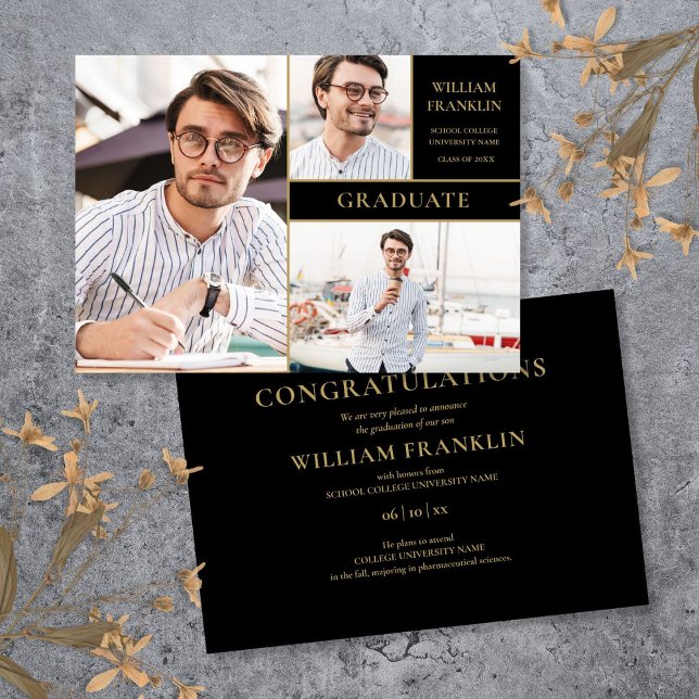 Faire-part Diplôme Noir et Or 3 photo Collage Graduation (Graduate Black And Gold 3 Photo Collage Graduation Announcement)