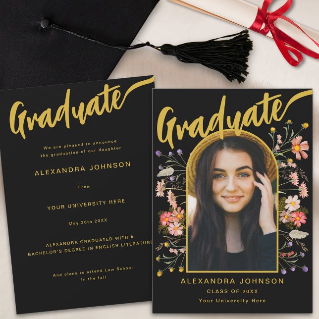 Faire-part Diplômé Photo Arche Florale Script noir et or (Boho floral graduate photo arch gold script black graduation announcement card watercolor wildflower)