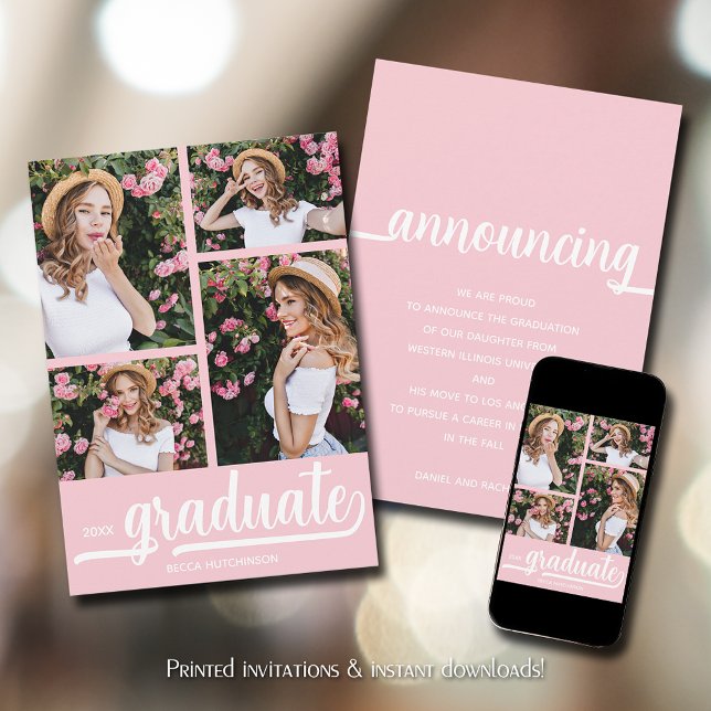 Faire-part Diplôme photo Chic 4 (Chic 4 photo collage pink graduation announcements)
