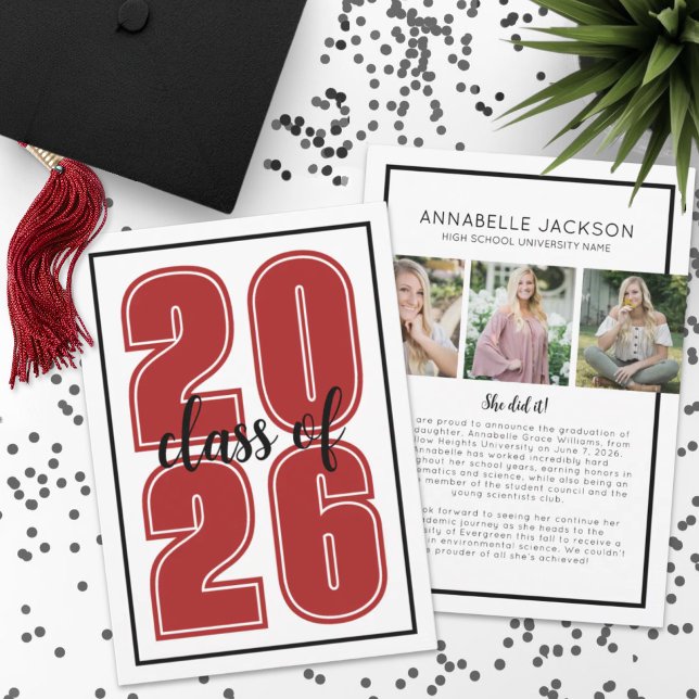 Faire-part Diplômé Photo Rouge Remise des diplômes (Simple Script Graduate Photo Red Graduation Announcement)