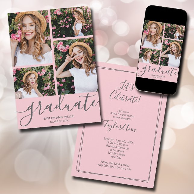 Faire-part Diplômé Script 4 Photo Rose Graduation (Modern script 4 photo pink graduation announcements - PRINTED and/or INSTANT DOWNLOAD)