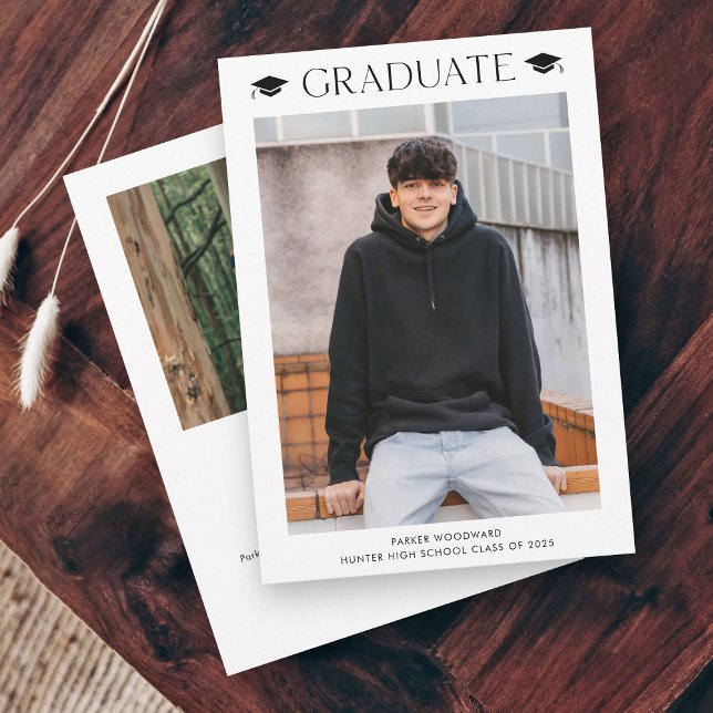 Faire-part Diplôme simple de 2 photos (Simple black and white cap 2 photo graduation announcements.)