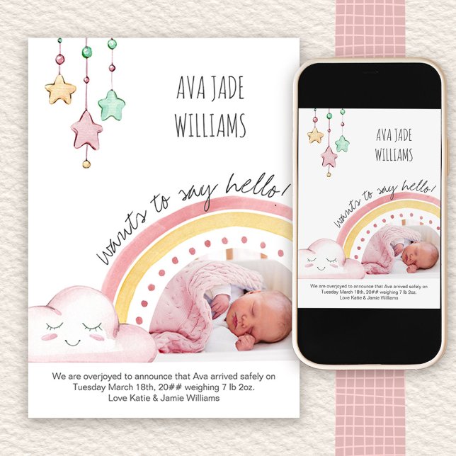 Faire-part Dites Bonjour Photo Cute Rainbow Nursery Girth Bir (Photo Baby Girl Birth Announcement with Cute Rainbow)