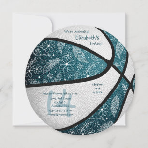 Faire-part doodé motif filles turquoise basket-ball anniversa