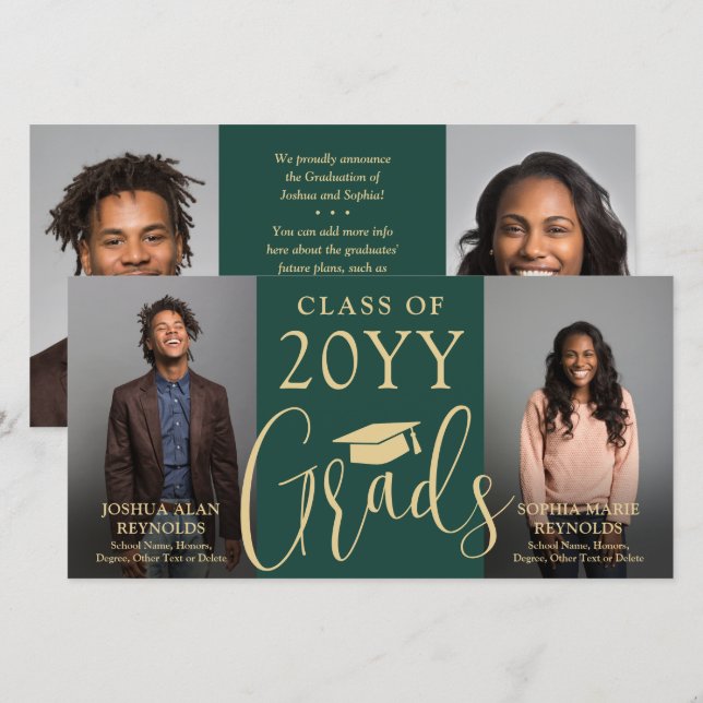 Faire-part Double Graduation 2 Grads Green & Gold Joint Photo (Devant / Derrière)