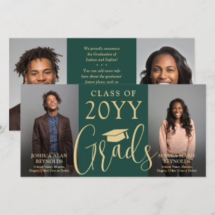 Faire-part Double Graduation 2 Grads Green & Gold Joint Photo