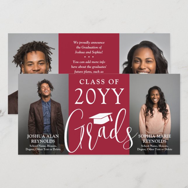 Faire-part Double Graduation 2 Grads Red & White Joint Photo (Devant / Derrière)