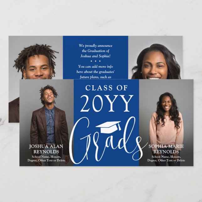 Faire-part Double Graduation 2 Grads Royal Blue Joint Photo (Devant / Derrière)