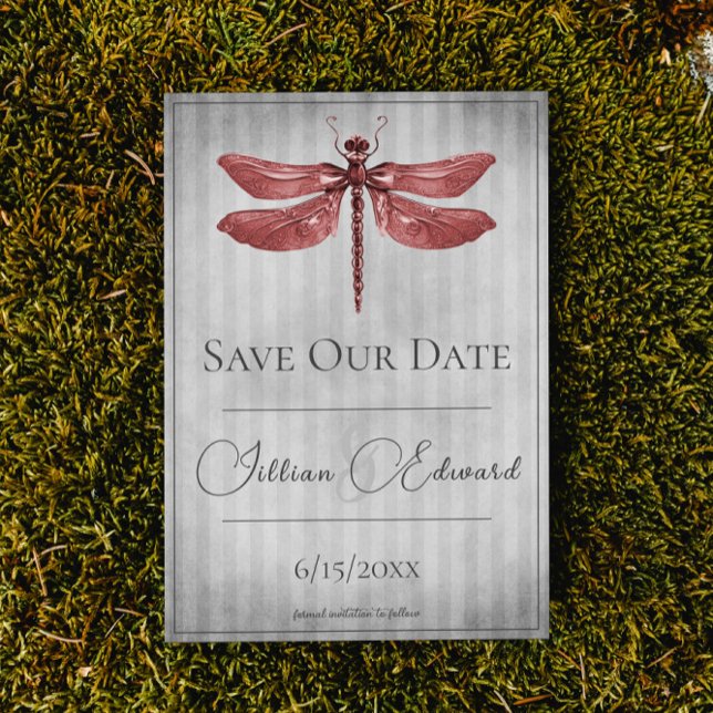 Faire-part Dragonfly à bijoux rouge Enregistrer la date (Red Jeweled Dragonfly Save the Date Wedding Announcement)