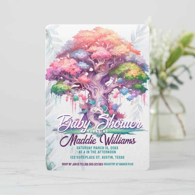 Faire-part du Baby shower de l'arbre magique de la (Debout devant)