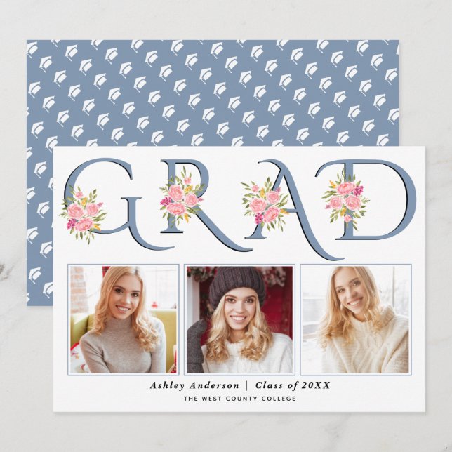 Faire-part Dusty bleu GRAD typographie rose roses photo (Devant / Derrière)