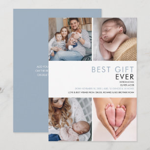 Faire-part Dusty Blue Baby Boy Modern 4 Photo Birth