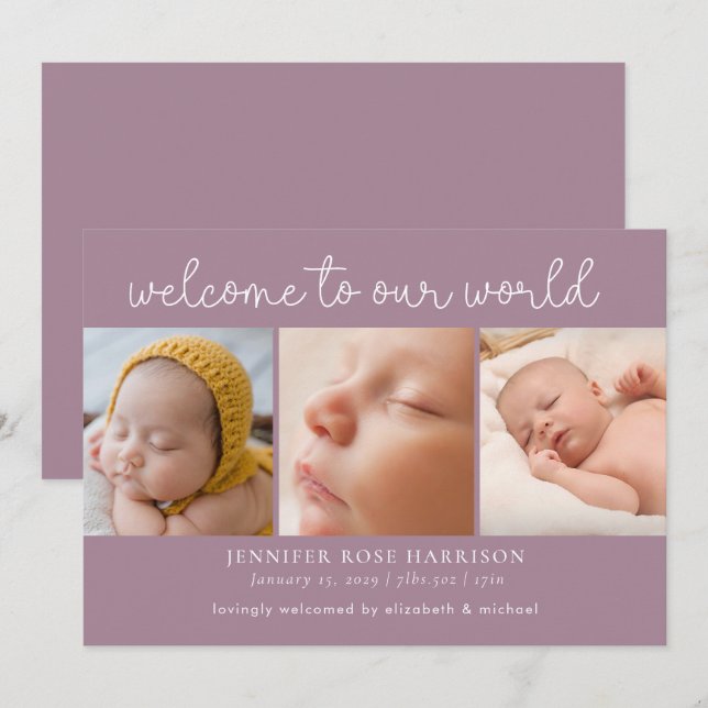 Faire-part Dusty Purple Welcome Photo Collage Naissance (Devant / Derrière)