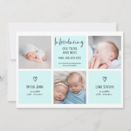 Faire-part Écriture chic 3 photo collage bleu bébé jumeaux na