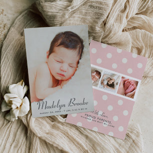 Faire-part Écriture Élégante Rose Fille Naissance Multi Photo