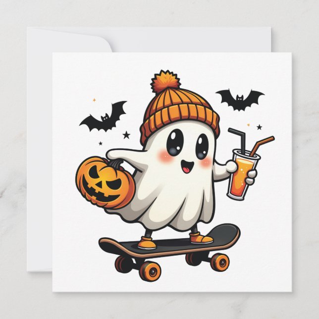 Faire-part Éffrayant Halloween Patinage Citrouille Fantôme ép (Devant)