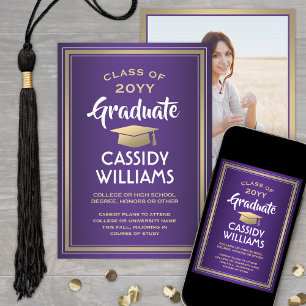 Faire-part Elégant 1 Photo Purple Gold et White Graduation
