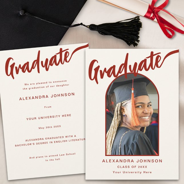 Faire-part Élégant Arc Diplômé Photo Brûlé Orange Script (Elegant graduate photo arch burnt orange calligraphy script graduation announcement card)