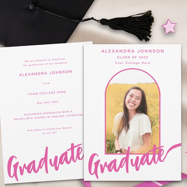 Faire-part Élégant Arche Photo Graduate Pink Script (Elegant arch graduate photo hot pink script Graduation announcement card)