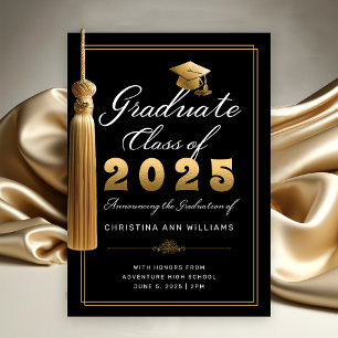 Faire-part Élégant Black Gold Script Classe de 2025 Graduatio